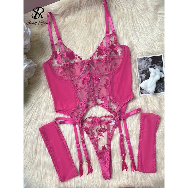 SINGREINY Gauze Sheer Slim Erotic Bra&Brief Sets Fashion Embroidery Club Sleepwear Female Prono Transparent Sexy Underwear Suits