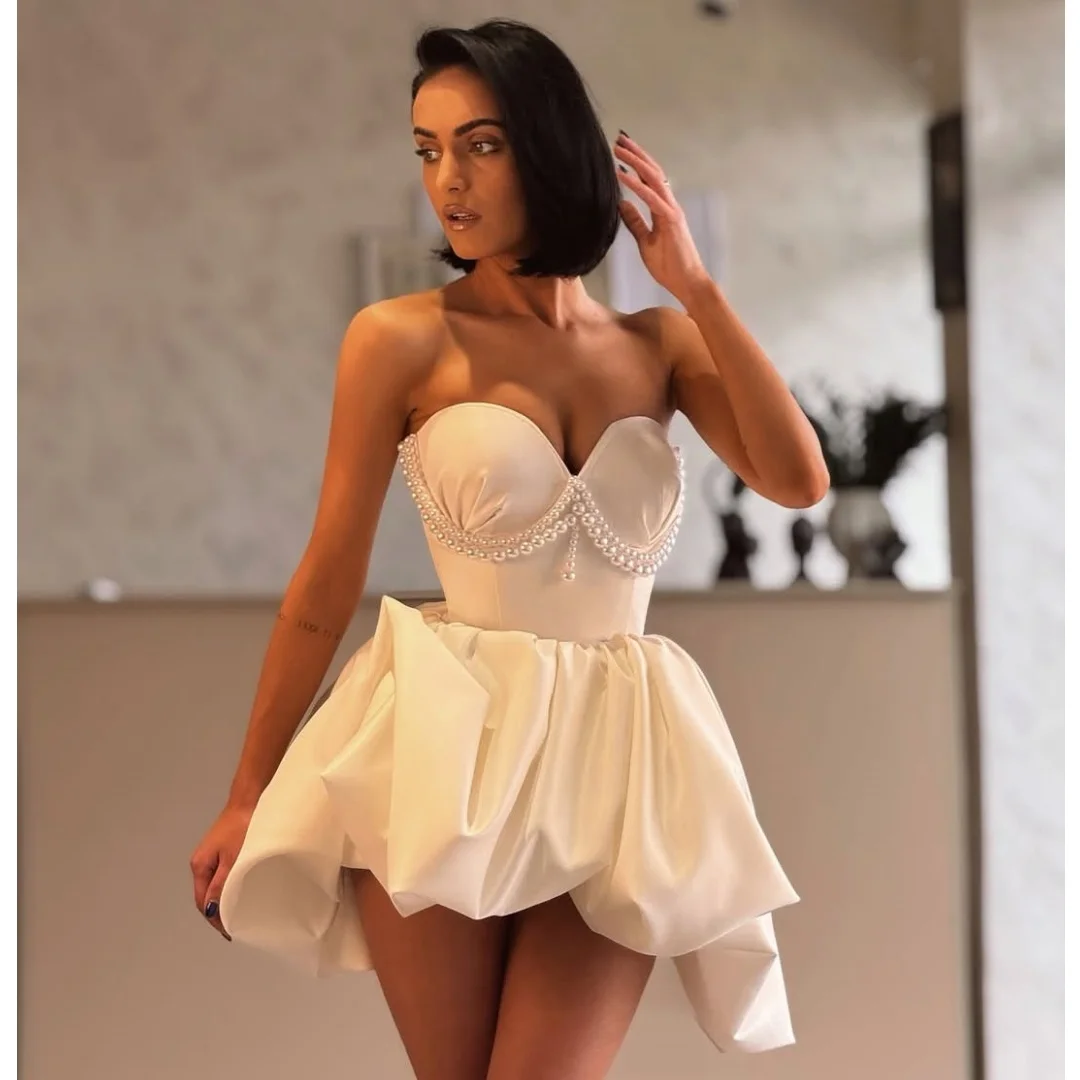 

Sweetheart Neck Pearls Cocktail Dresses Women Ruched Mni Skirt Short Prom Gown Satin Birthday Party Dress Customized Pageant