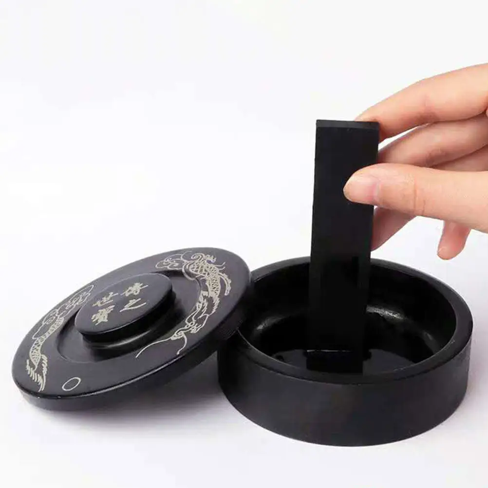 1Pcs Calligraphy Inkstone Ribbed Black Round Lid Ink Grinding Stone Traditional Chinese Inkstone Painting Drawing Stationery