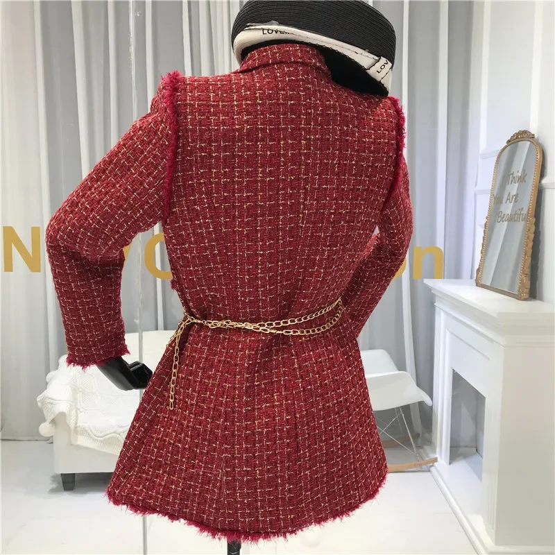 2023 New Gold thread Plaid Suit Coat Women Notched Double breasted Feather Tassel Trim Slim Tweed Jacket With Free Belt bag