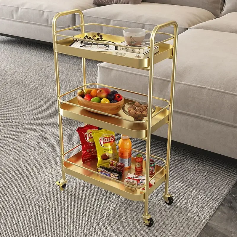 

Living Room Sofa Side Light Luxury 3-layer Shelves Toys Snacks Small Cart with Wheels Movable Storage Trolleys Kitchen Islands