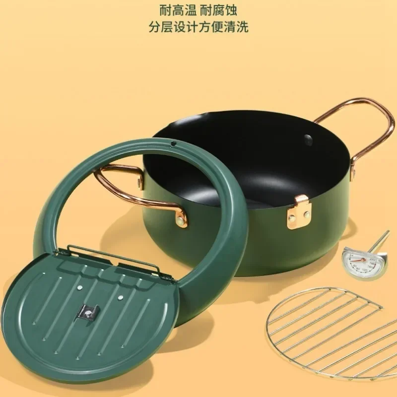 Japanese Deep Fryer With Thermometer and Lid 304 Stainless Steel Kitchen Tempura Fryer Pan Fryer Without Oil Frying Pan