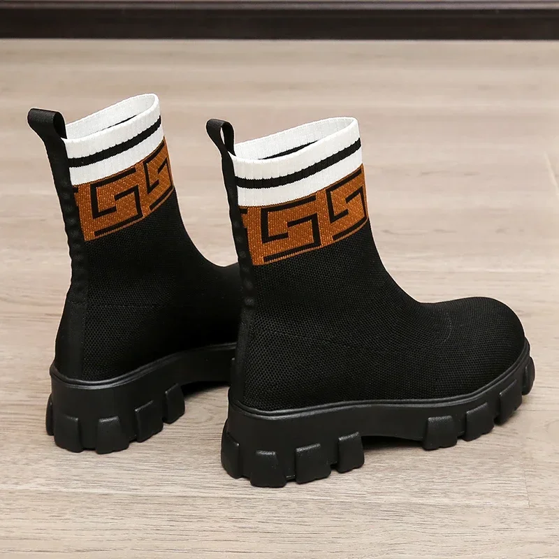 2022 Autumn Winter New Couple Socks Shoes Women Thick-soled Casual Large Size Net Black Knitted Short Boots Women Botas De Mujer