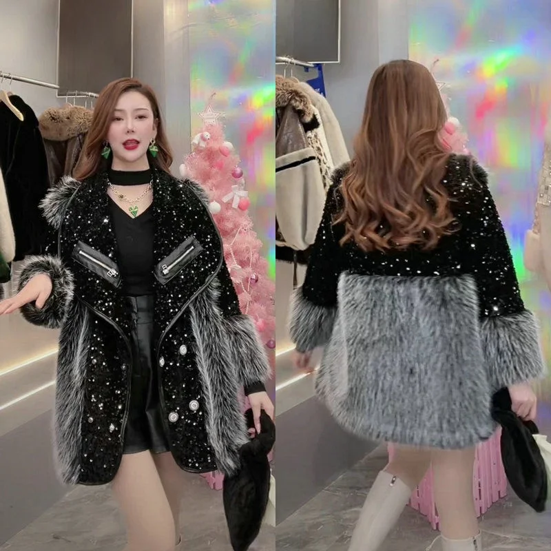 

Новое зимнее теплое шерстяное пальто средней длины с пайетками и меховыми вставками, женская куртка с V-образным вырезом, имитация меха, утепленная, с длинными рукавами