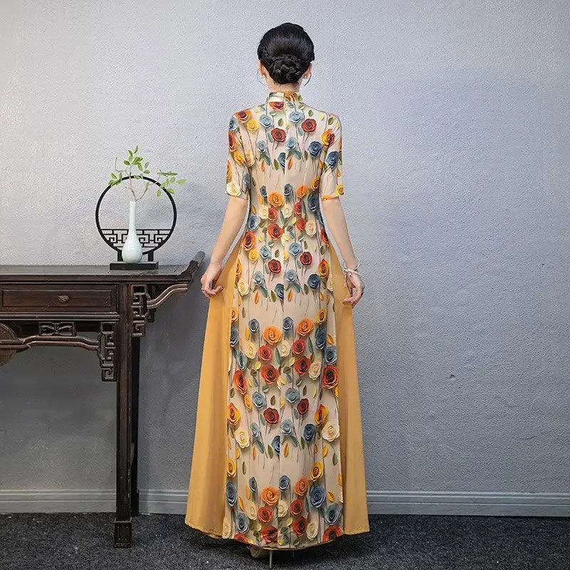 Vietnam Traditional Dress Ao Dai National Flower Print Cheongsam Oriental Improved Qipao Party Banquet Evening a-line Dress