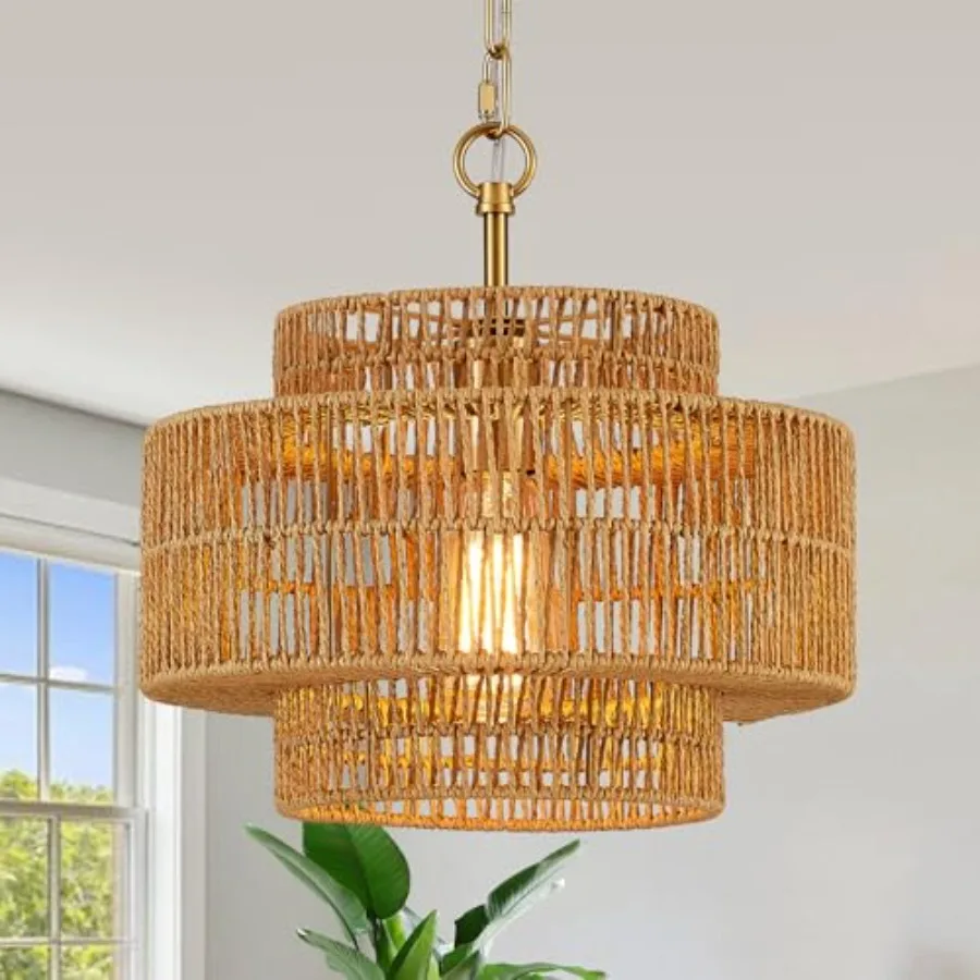 12.6" Rattan Pendant Light 1-Light Hand-woven Boho Mini Drum Hanging Light Fixture Gold Vintage Farmhouse Wicker Chandelier for