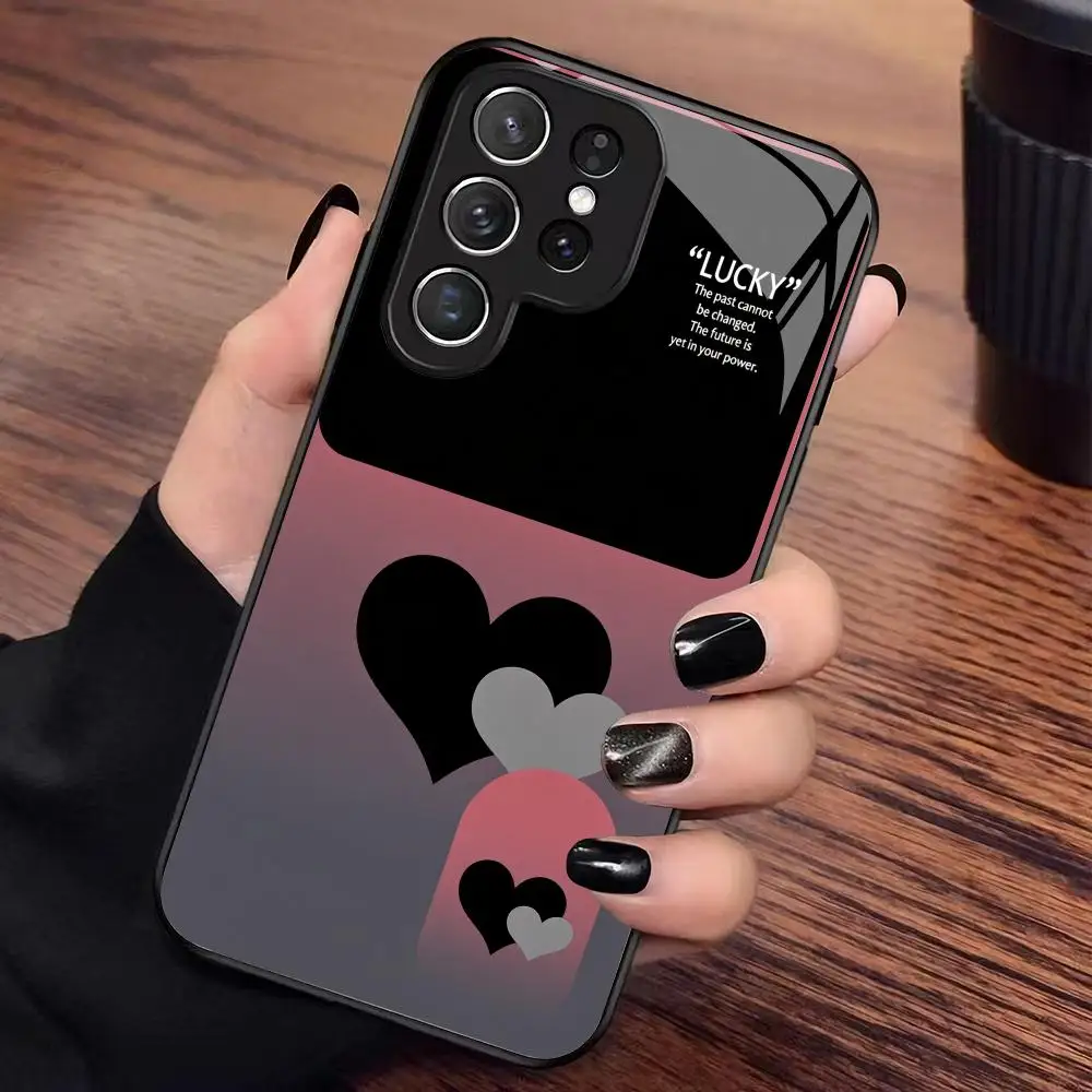 Luxury Black Phone Case For Samsung Galaxy S26 S25 S24 S23 Ultra Note 20 Pink Heart Pattern Tempered Glass Soft Shell Back Cover