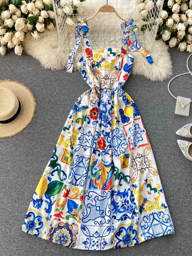 Fashion Runway Summer Dress New Women's Bow Spaghetti Strap Backless Blue and White Porcelain Floral Print Long Dress