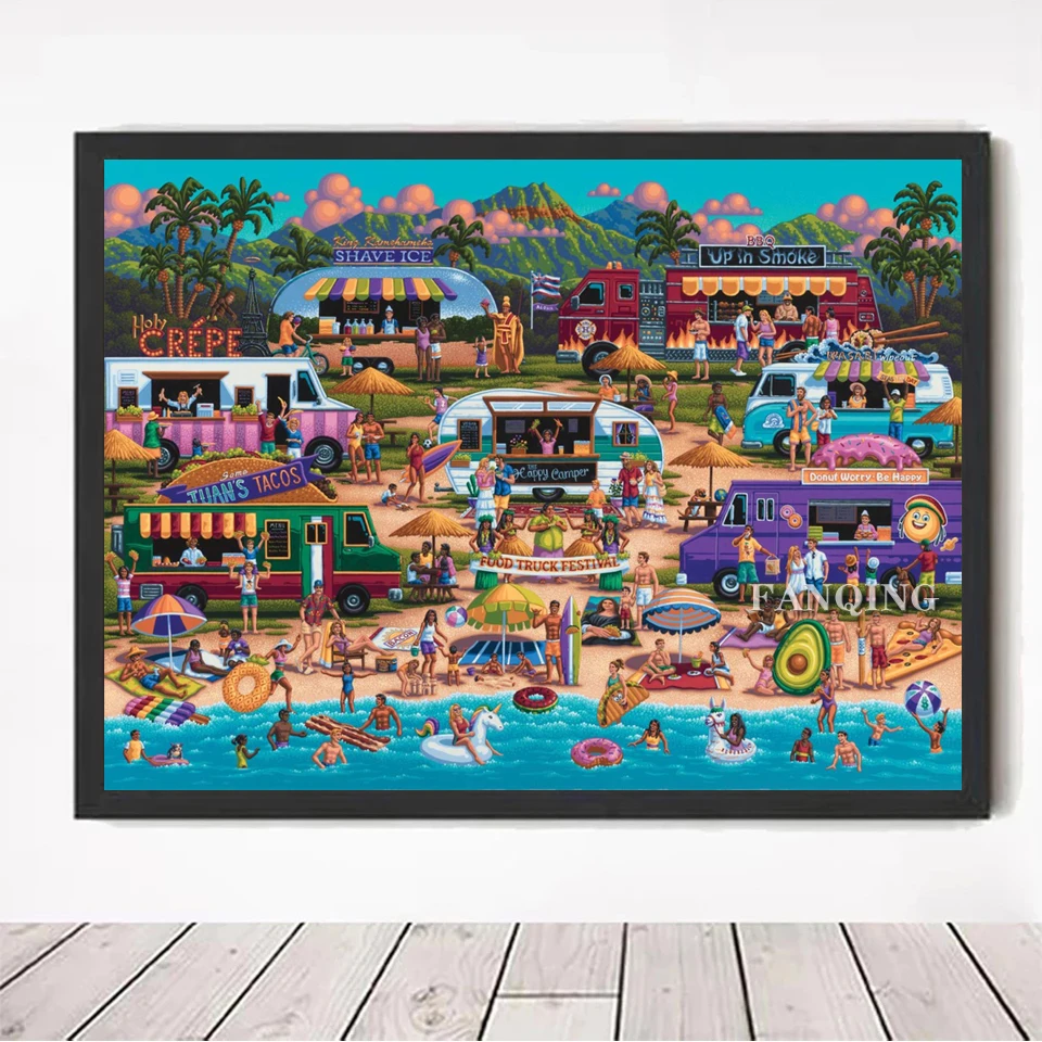 5D Diamond Painting Hawaiian Food Truck Festival DIY Full Square Diamond Embroidery Landscape Cross Stitch Mosaic Art Wall Decor