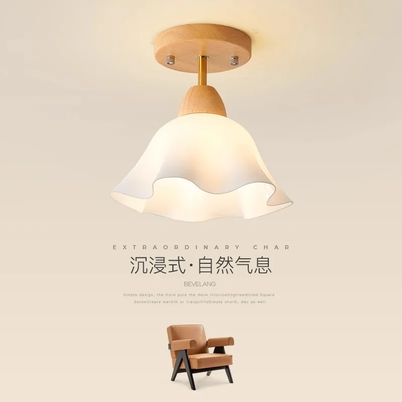 Modern Raw Wood Base Corridor LED Ceiling Lamp PVC Fancy Lampshade Home Interior Decoration Balcony Lustre Ceiling Lighting