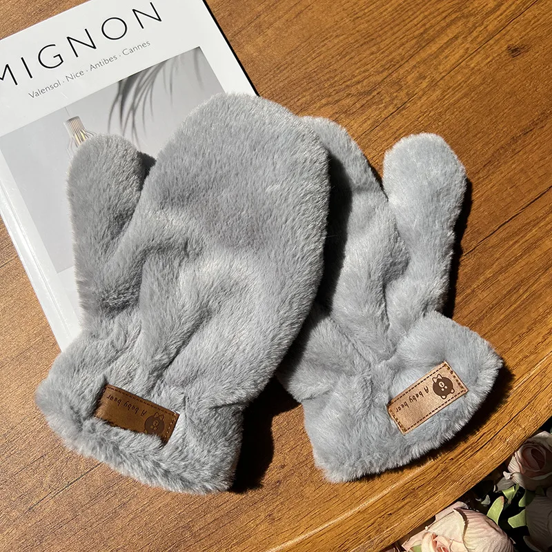 

Зимние перчатки, утолщенные теплые белые плюшевые перчатки, бархатные милые перчатки с надписью для женщин