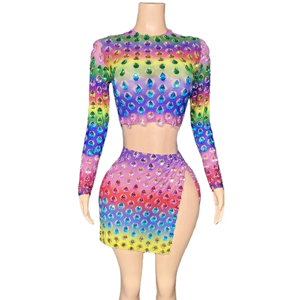 Sexy Evening Birthday Celebrate Performance Dance Costume Sparkly Colorful Rhinestones Long Sleeve Crop Top Skirt