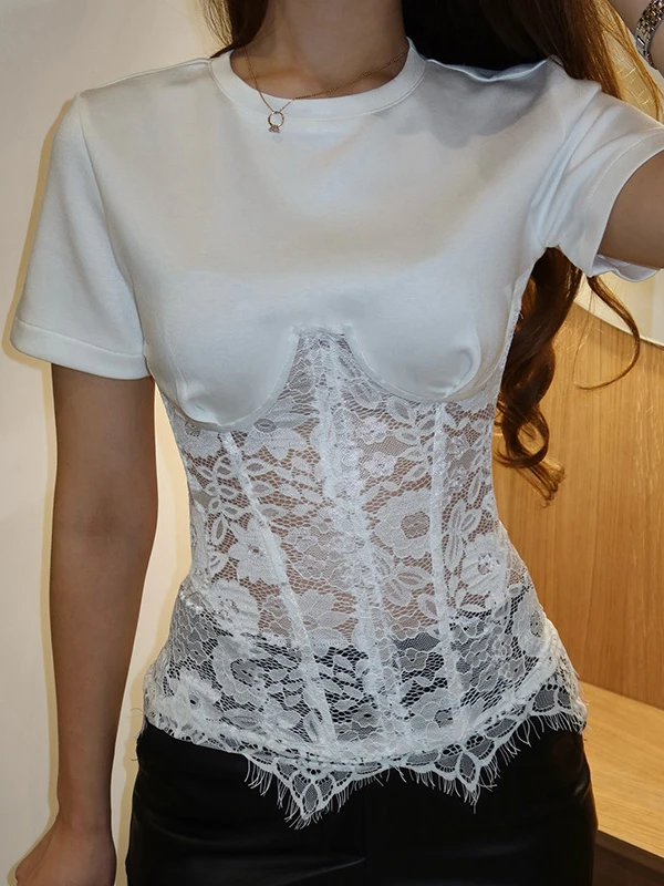 Fantoye Ronde Hals Sexy See Through Kant Patchwork Vrouwen Tops Korte Mouw Bloemen T-shirts Vrouwelijke Lente Slanke Casual Streetwear
