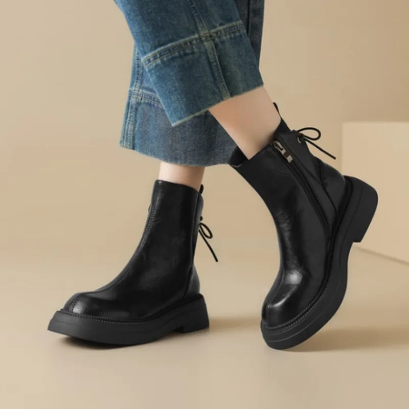 

NEW Autumn Women Boots Genuine Leather Shoes for Women Round Toe Chunky Heel Shoes Concise Zipper Chelsea Boots Soft Daily Shoes