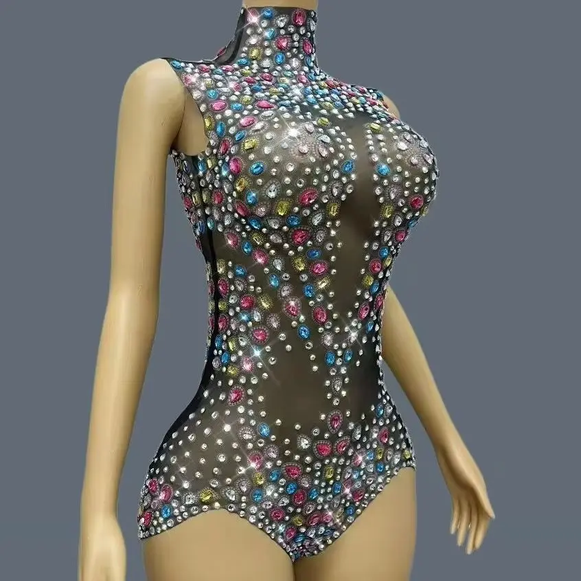 

Colorful Sparkly Rhinestone Black See Through Mesh Bodysuit Drag Queen Performer Wear Dance Event Show Sexy Costume Tangwucai