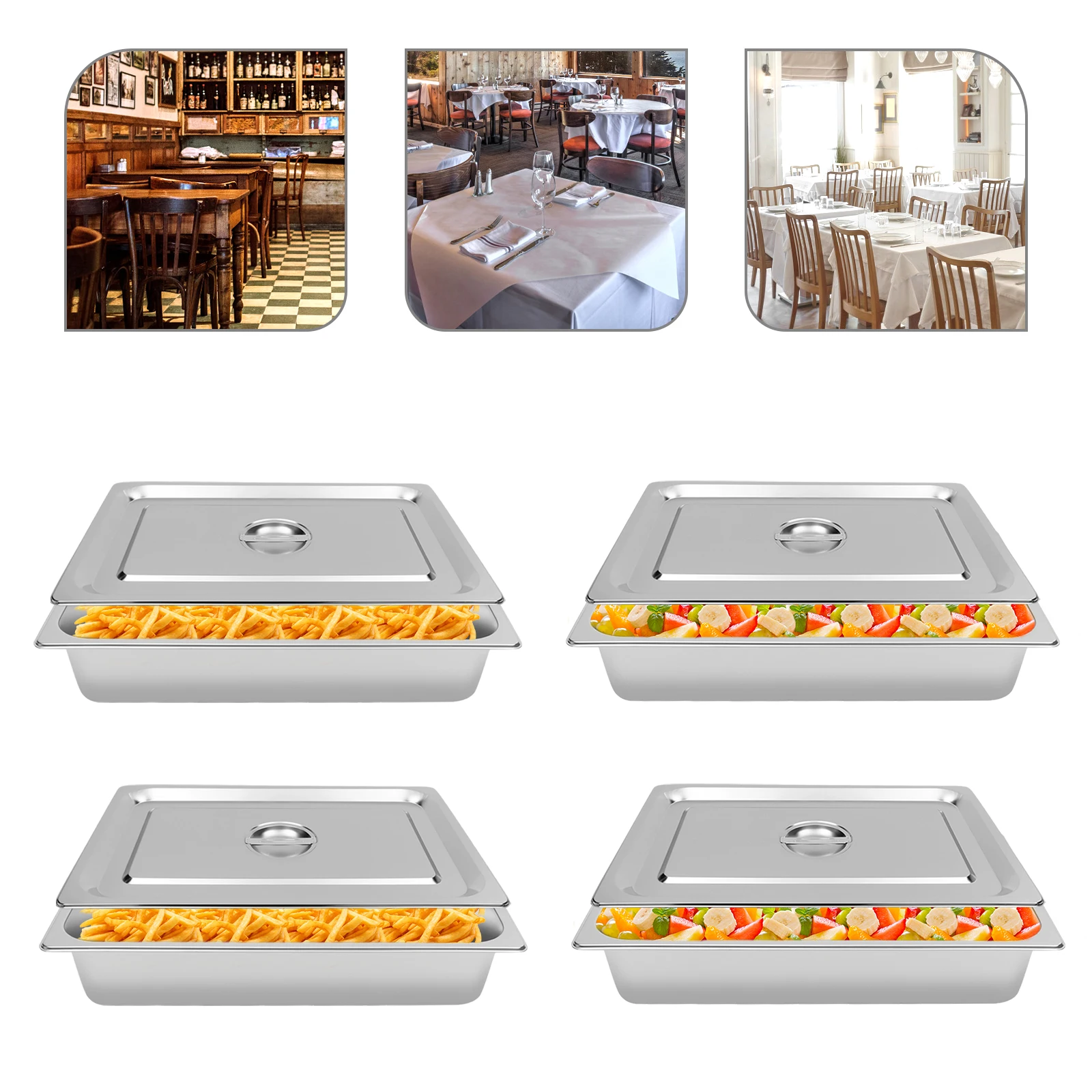 4 Pcs Food Pans Set Stainless Steel Commercial Table Pan Pack Pans with Lid Hotel Buffet Food Pan