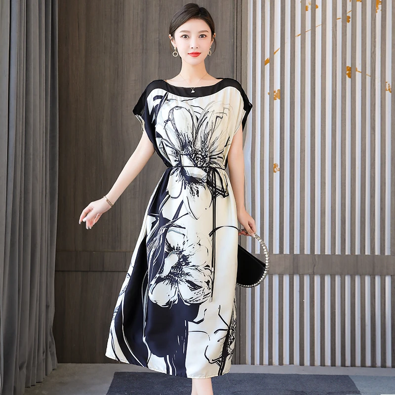 

2023 New Elegant Silk Printed Silk Dress Summer Retro Versatile Loose Fit Casual Sleeveless Knee Length Dress Vestidos