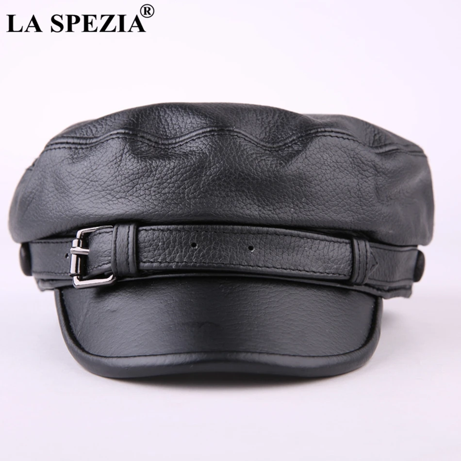 LA SPEZIA Men Army Hat Leather Military Caps Male Casual Black Captain Hats Retro Spring Adjustable Luxury Classic Flat Top Caps