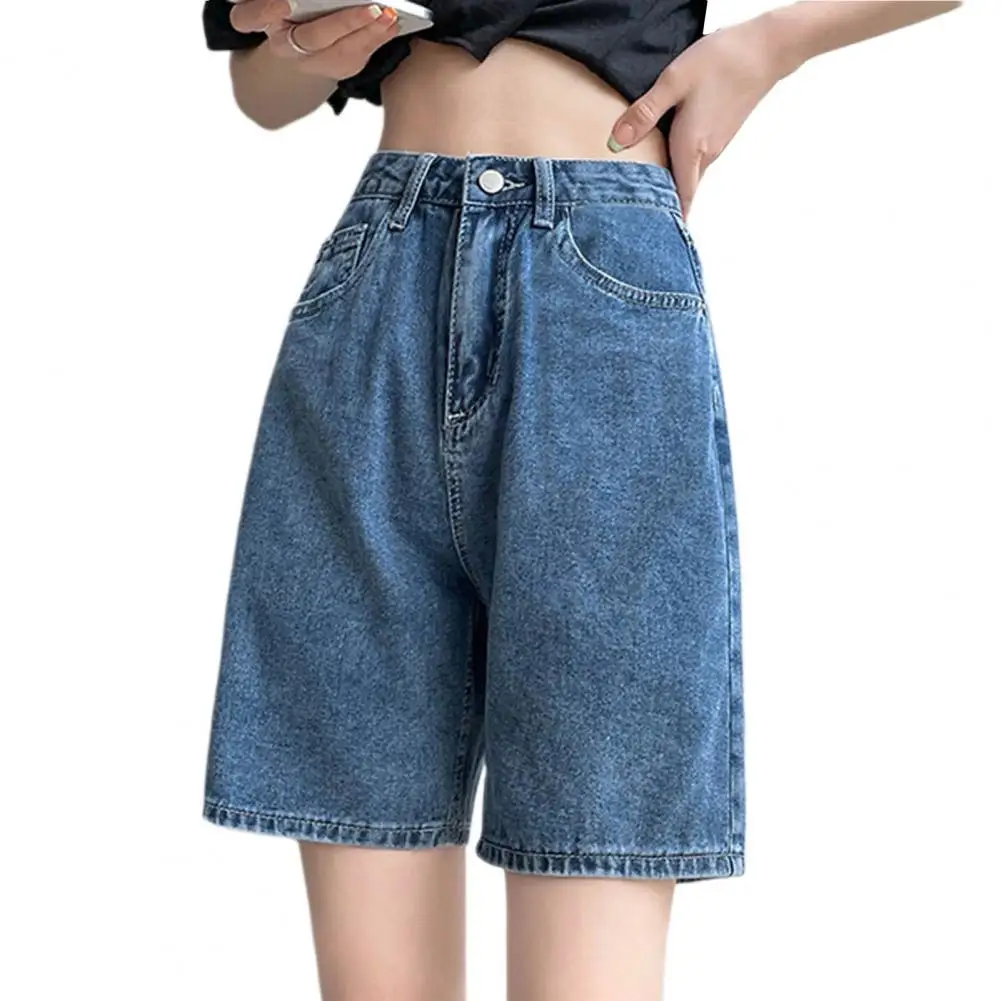 Women Knee Length Jeans Straight High Waist Zipper Button Closure Retro Pockets Loose Lady Denim Shorts Casual Short Pants