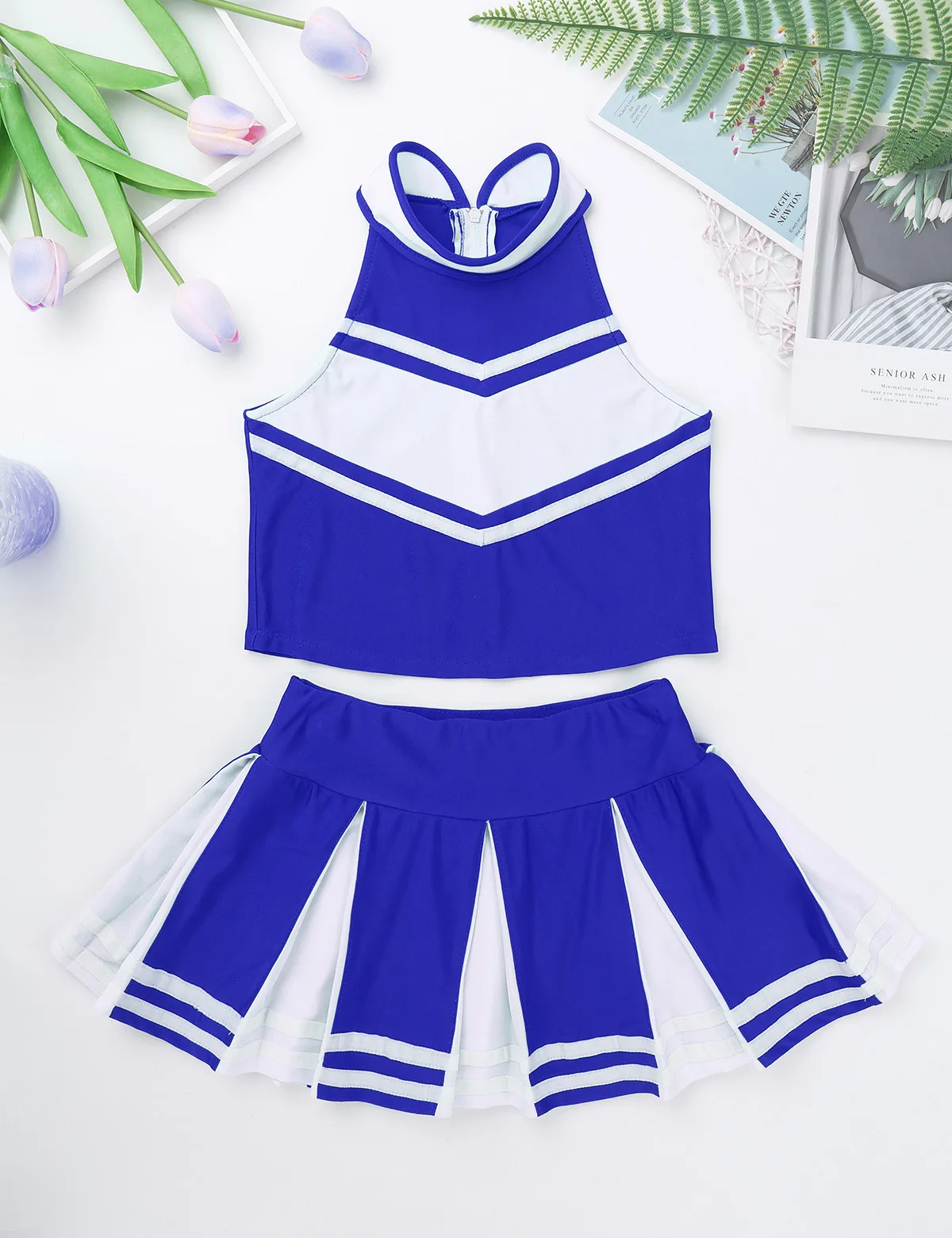 Kids Girls Cheerleading Outfit Sleeveless Zipper Tops with Pleated Skirt and 2Pcs Flower Balls Set for Stage Performance Party