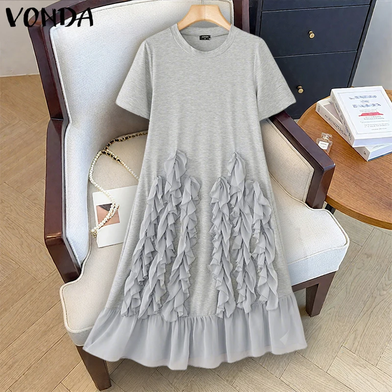 VONDA Damska Długa Sukienka Koszulowa 2025 Letnia Plisowana Sukienka Midi w Jednolitym Kolorze Krótki Rękaw Okrągły Dekolt Luźna Codzienna Sukienka na Imprezę Vestidos