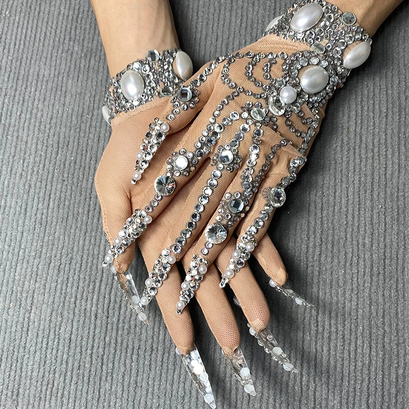 fashion gloves crystal designer rhinestone diamond women glitter accessories DS nightclub Dancer stage show singer rave festival