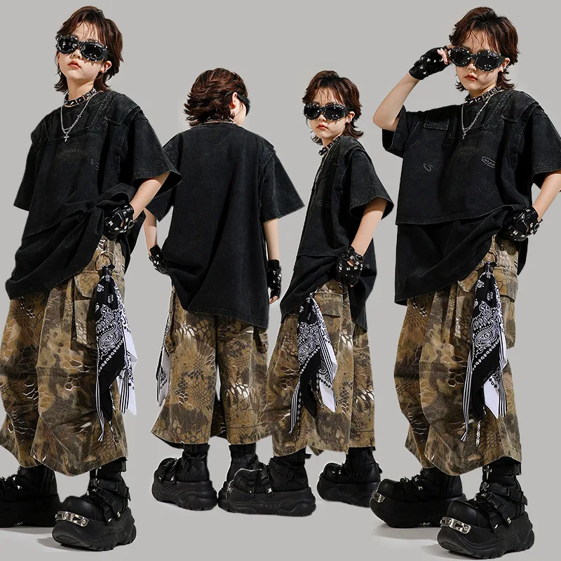 Ropa de Hip Hop Kpop para chico, camiseta negra falsa de 2 piezas, pantalones cortos Cargo con estampado de serpiente, pantalones medios para niña y niño, trajes de baile, ropa