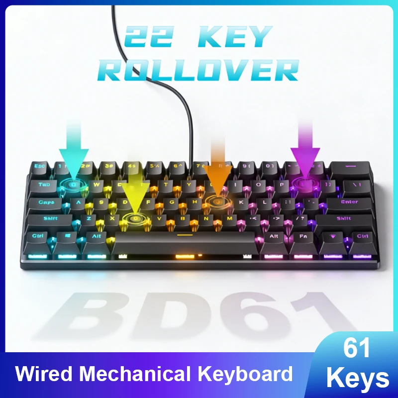 

BD61 Wired Mechanical Keyboard, Hot-Swappable Red/Blue/Brown Switch, Mixed RGB Backlit Compact Gaming Keyboard for PC Gamers