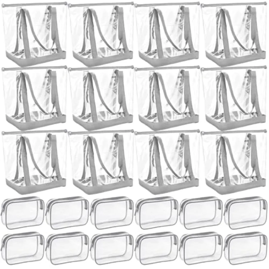 

24 Pcs Clear Tote Bags with Makeup Bags 16x13x5.5 Beach Tote Bags Bulk Waterproof for Women Team Travel Stadium Gray