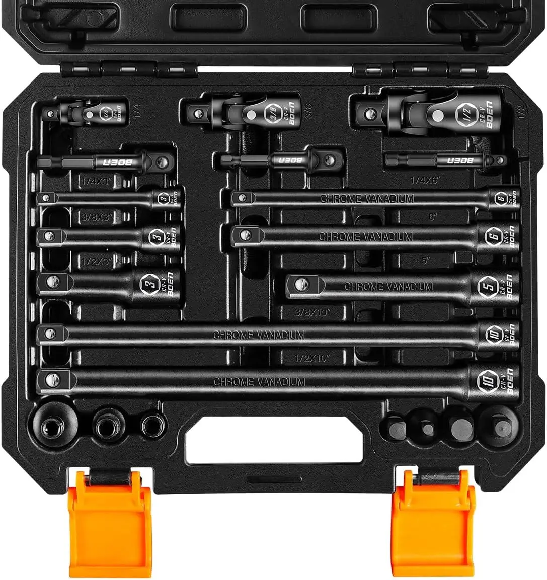 

21-Piece 1/4', 3/8', 1/2' Drive Tool Set with Adapters, Extensions, Joints, Bit Holders, 1/4' Hex Shank