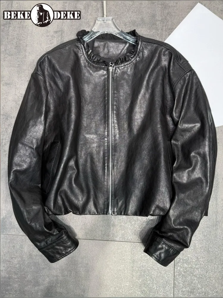 

Office Ladies Round Neck Genuine Leather Jacket High Quality Solid Color Sheepskin Pockets Long Sleeves Zipper Loose Outerwear