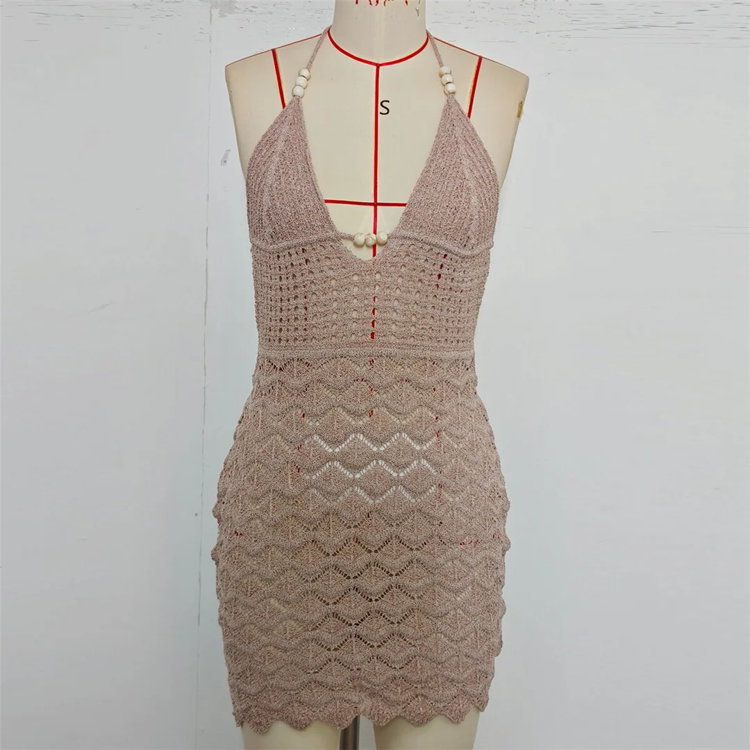 V-Ausschnitt, halterneck, rückenfrei, einfarbig, gehäkelt, gestrickt, Tunika, Strandkleid, Strandmode, Damen V8516 – Detail 12