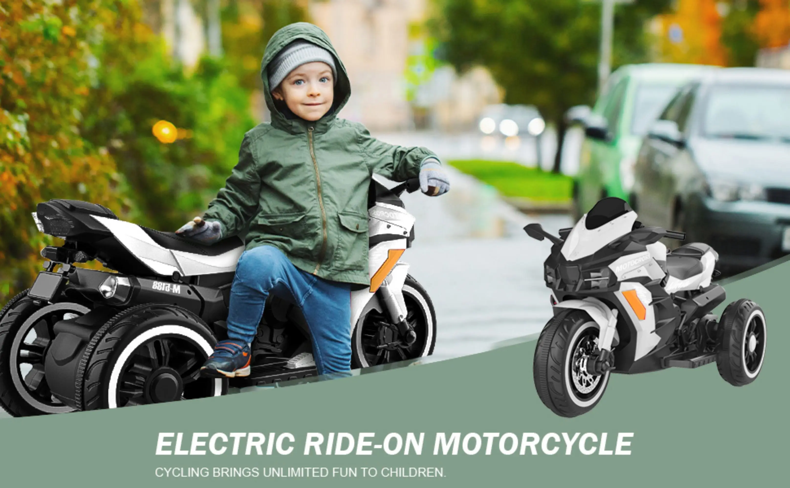 12V Battery Motorcycle, 3 Wheel Motorbike Kids Rechargeable Ride On Car Electric Cars Motorcycles--White