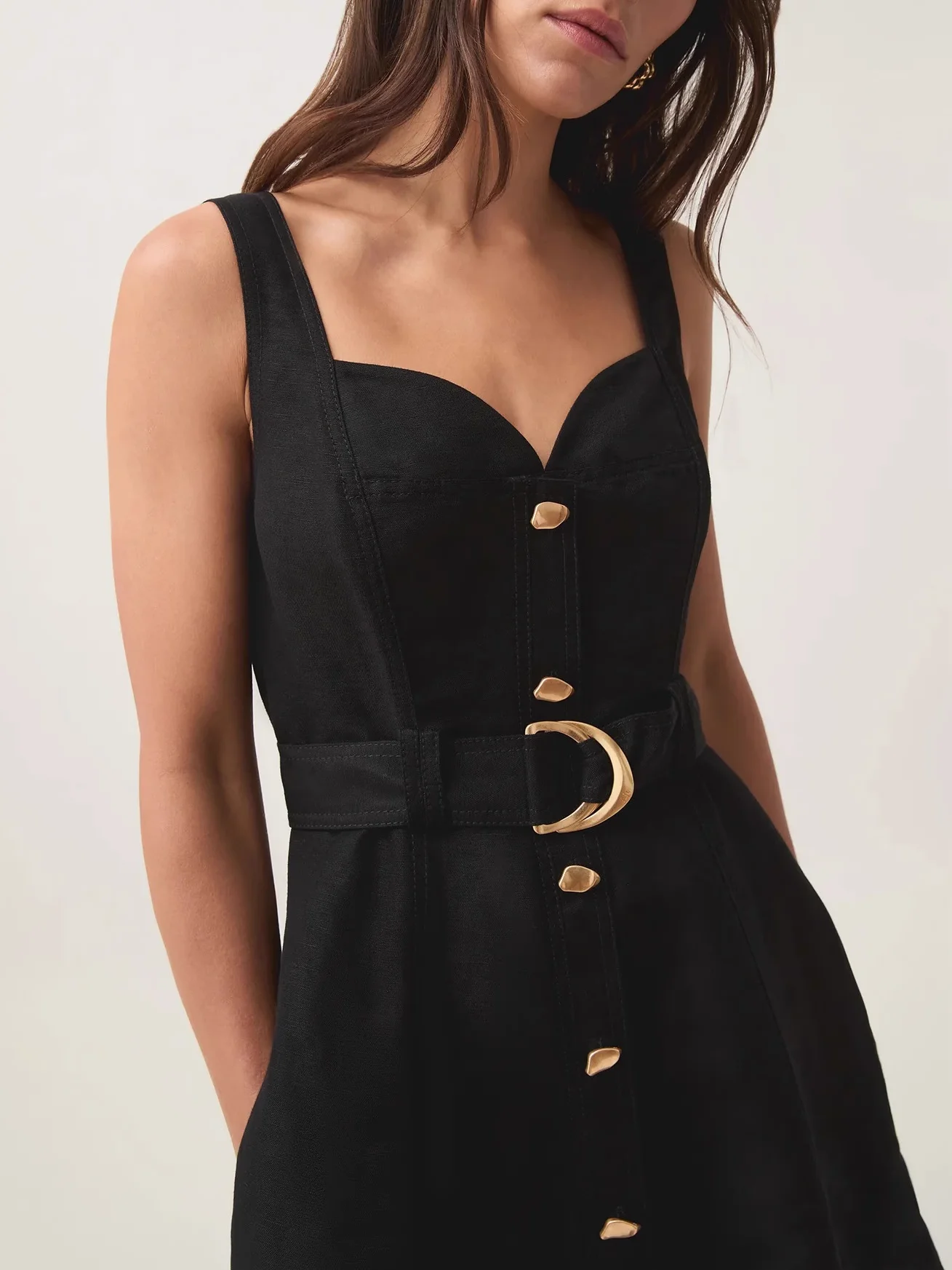 

2025 New Women 3 Colors Dress Metal Button Square Collar Sleeveless Single Breasted Elegant Mini Robe with Belt