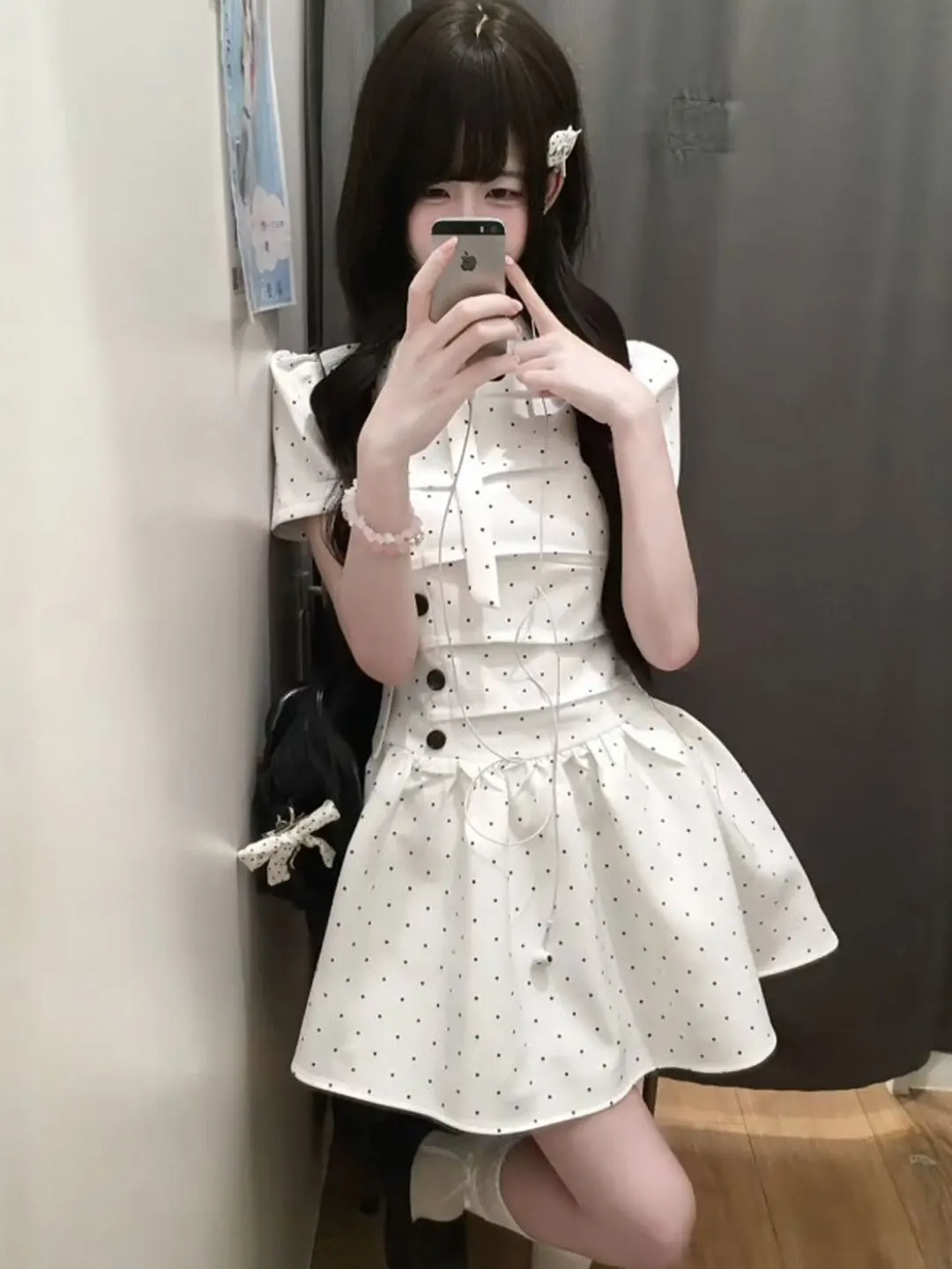

Slimming Polka Dot Waist-Cinching Dress Cute Short Skirt Summer Fashion Gentle Style Cotton Material Short Sleeve Women's Dress