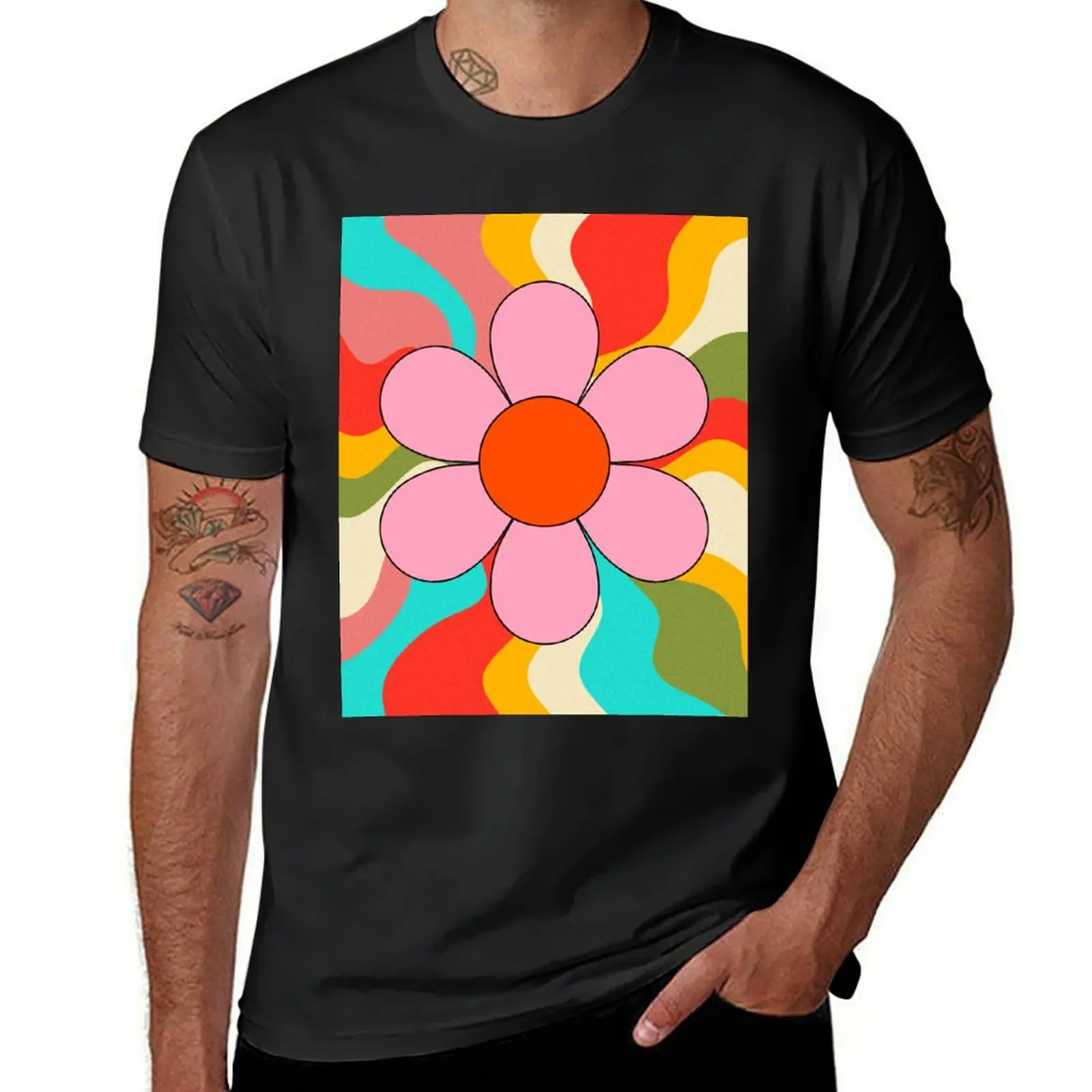 Vivid Retro Colors With Pink Flower T-Shirt oversizeds new edition funnys Men's t-shirt