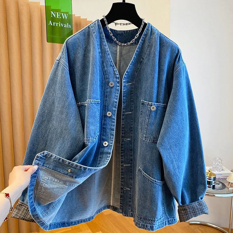 Women's High-end V-neck Jeans Jacket Trendy Denim Jacket Spring Autumn New Loose Casual Denim Top Coats for Women Coat