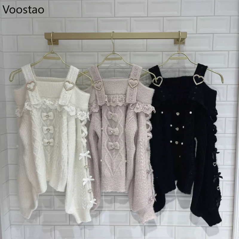

Japanese Sweet Lolita Style Knitted Pullover Women Vintage Plush Bow Off Shoulder Sweater Autumn Girls Harajuku Knitwear Tops