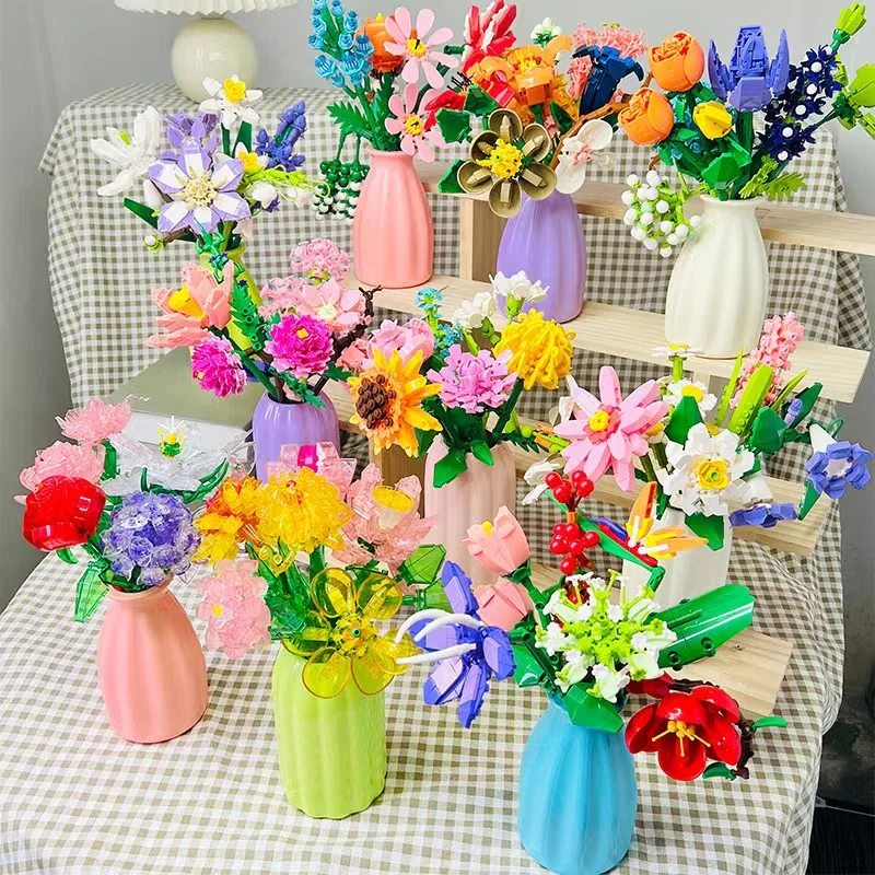 1pcs All Kinds of Flower Bouquets Building Blocks Assembly Plants Bricks Home Decoration Children Toys Girl Gift