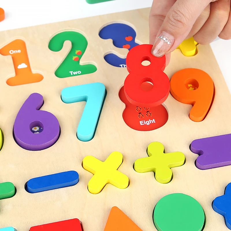 Montessori Wooden Puzzle for Children - Alphabetic Arithmetic Number Geometric Shapes Educational Game Toy for Preschool Learnin