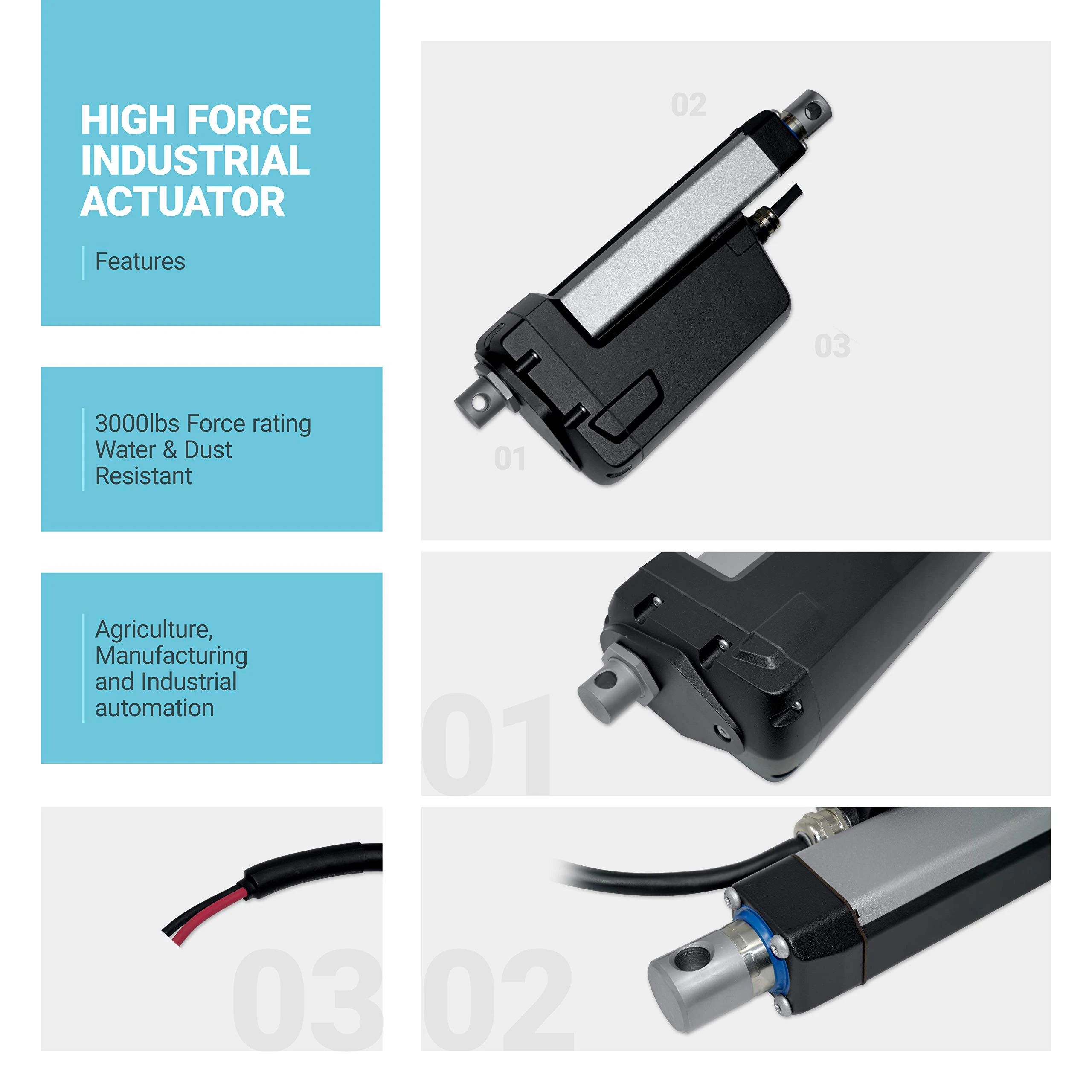 Imagem -03 - Etosec 12000n 12v 24v Atuador Linear Ip66 50 mm 100 mm 300 mm 400 mm 450 mm 500 mm Curso Solar Tracker Motorização da Porta 55 mm s