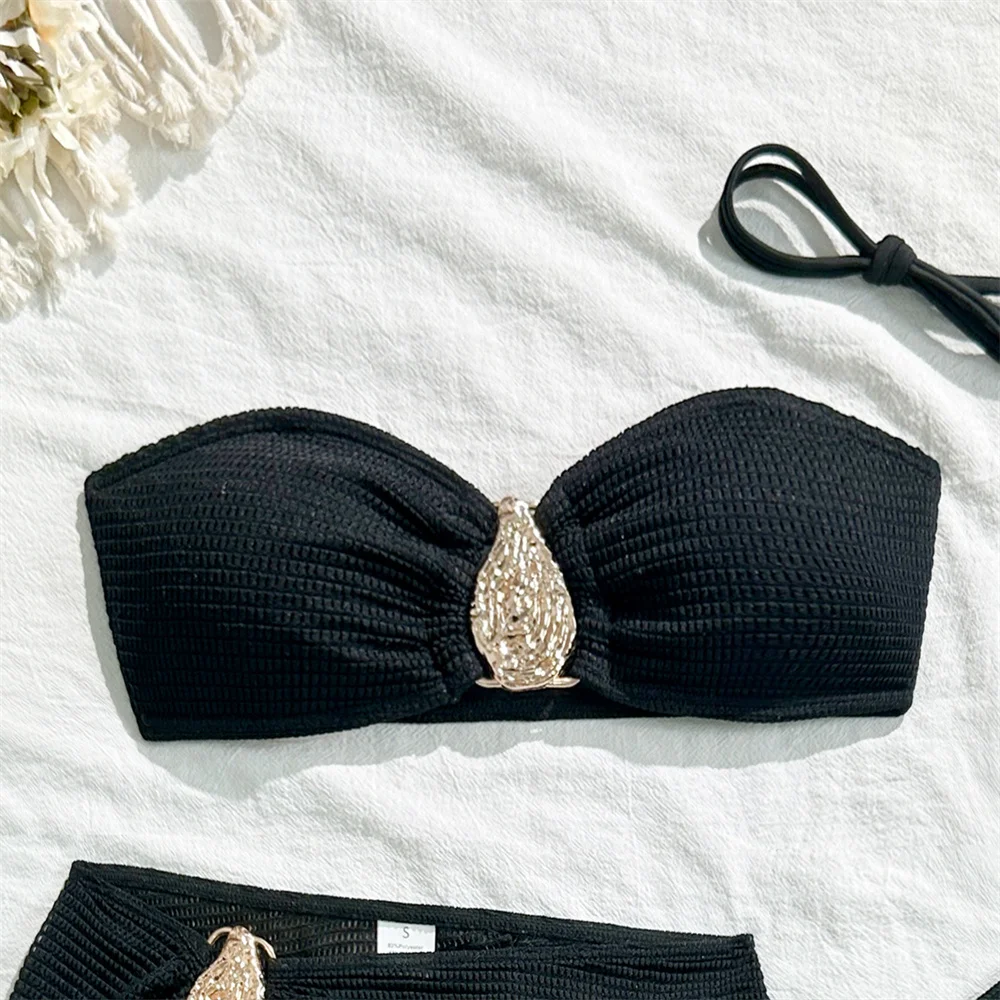 Sexy Bandeau Bikini Sling Swimsuit 3-piece Short Skirt Set Women Metal Buckles Beachwear Vacation Swimwears Bathing Suit Bikinis