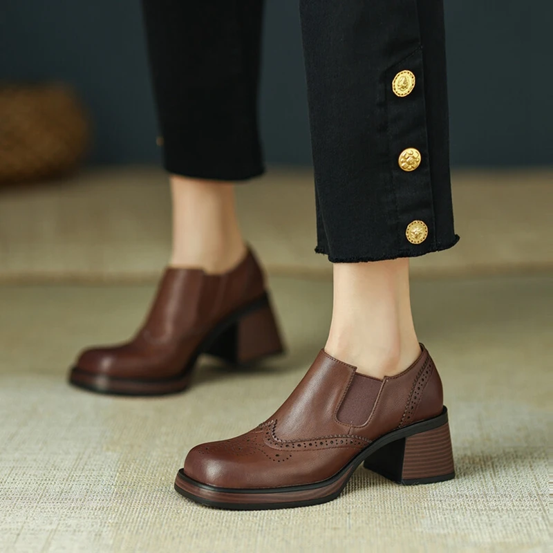 2023 Spring/Autumn Women Shoes Split Leather Platform Shoes for Women Square Toe Chunky Heel Shoes Solid High Heel Women Pumps