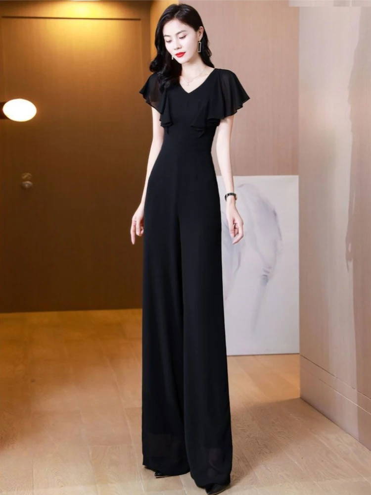 

Summer 2026 Women's Chiffon Jumpsuit One Piece Thin Lightweight Wide Leg Pants Elegant Slimming Ruffle Sleeve Commute Ins Style