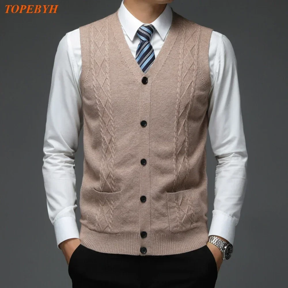 Trend  Men's Business Casual Pullover Wear Warm Sleeveless  Velvet Knitted Sweater Vest Tops