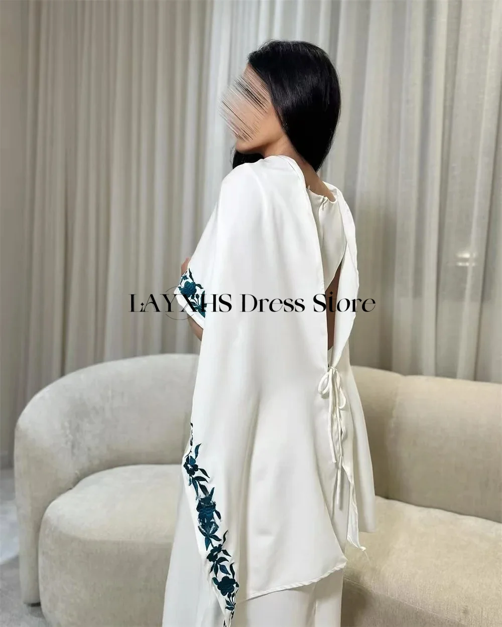 Customized Saudi Arabic Prom Dresses 2025 White Cape Flower Print Tea Length Summer Evening Dress Satin Dubai vestidos de fiesta