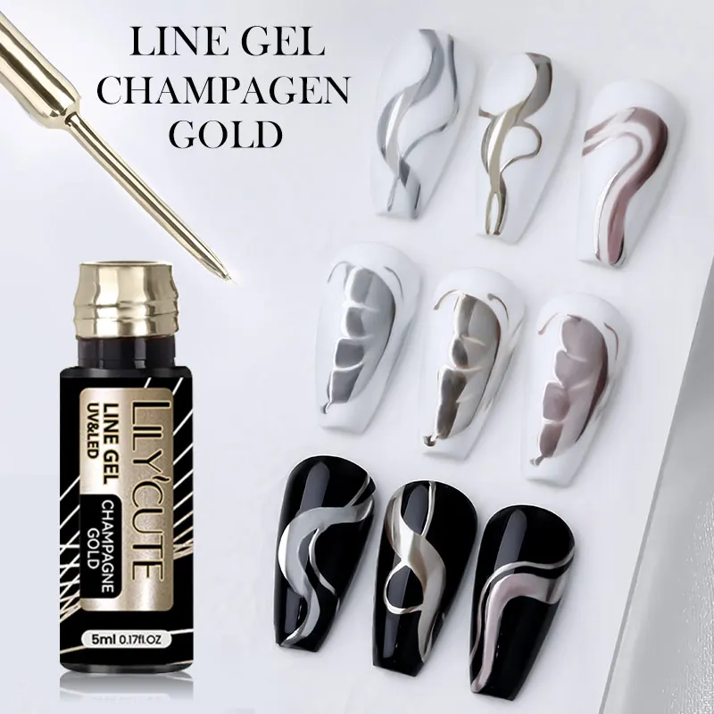 LILYCUTE 5ML Metallic Painting Liner Gel Polish Champagne Gold Mirror Gel Nail Polish Semi Permanent UV Nail Art Liner Gel