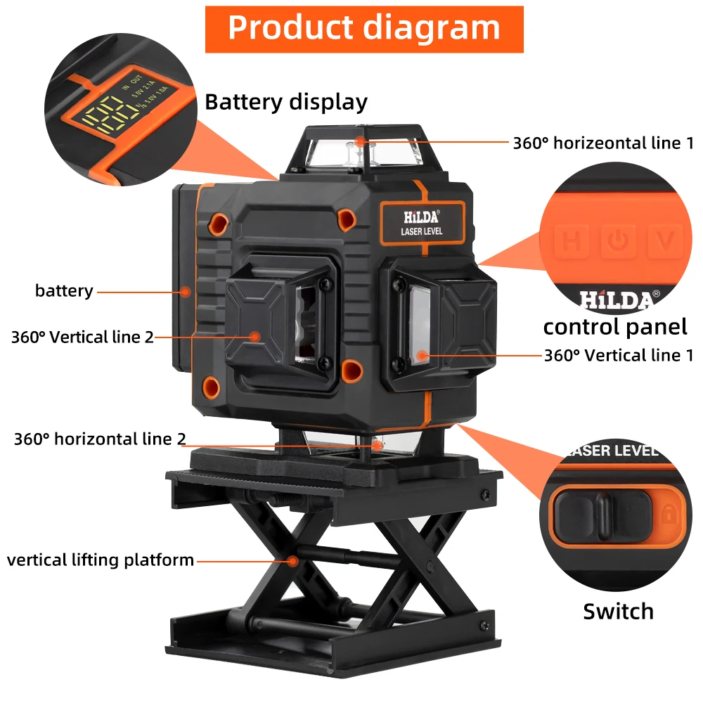 HILDA 4D 16 Lines Laser Level With Battery Display Self-Leveling 360 Horizontal And Vertical Cross Super Powerful Green