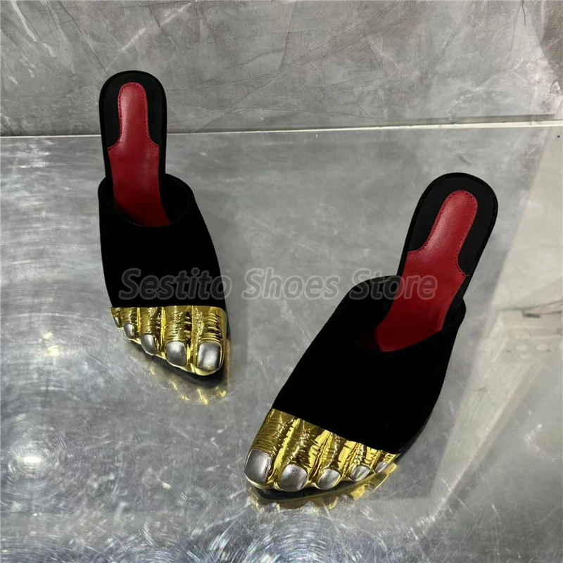 Black Satin Gold Finger Half Slippers for Women Luxury Thin High Heels Fashion Slipper Summer New Party Banquet Stiletto Shoes