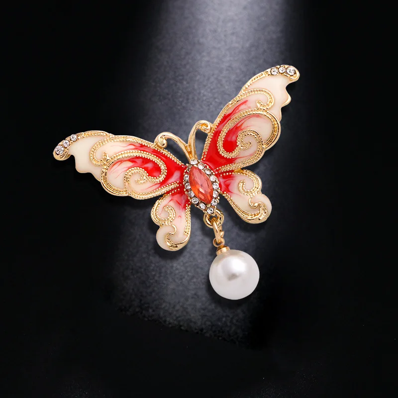 Pearl butterfly brooch inlaid with diamonds, high-end oil dripping rhinestone alloy brooch, crystal chest flower empty holder